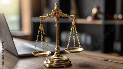 Symbolizing justice and legal authority, golden balanced scale on desk with laptop