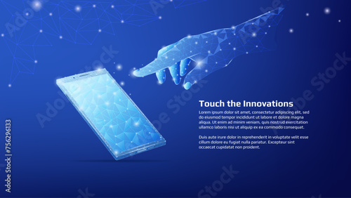 Polygonal shiny phone and finger of hand reaching to the screen with copy space on dark blue background. Futuristic Cell banner or web page template. Vector.