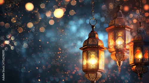 Eid mubarak greeting cards for muslim holidays with arabic ramadan lantern decoration - eid-ul-adha festival celebration photo