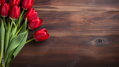 Red tulips on a wooden background #756296362