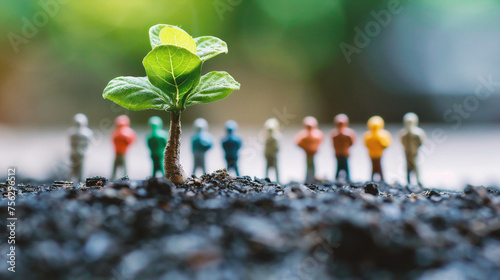 Miniature people with green seedling growing in soil, Ecology concept