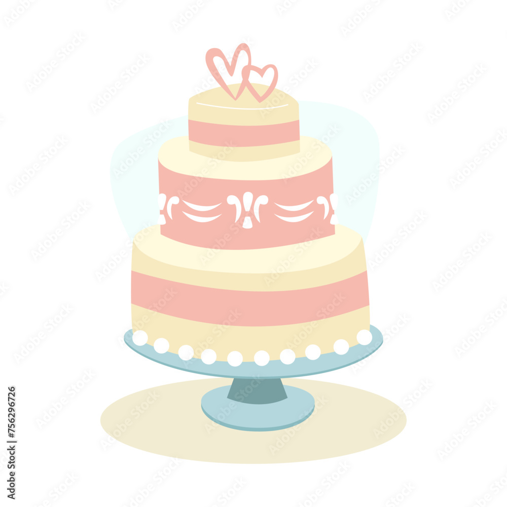 Stylish Wedding Cake Decorated with Ornament and Hearts. Festive Layered Cake with Pink Frosting. Vector Illustration in Flat Style.