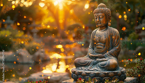 Buddha meditating among lotus flowers on water. Sparkling lights calm meditation landscape. Sparkling lights. Buddhism,Buddhist monk statue religious © annebel146