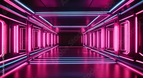View of a neon tunnel with lilac lights.	
 photo