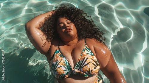 Plus size female in a swimsuit swims in the pool. Young woman in swimwear. Black model