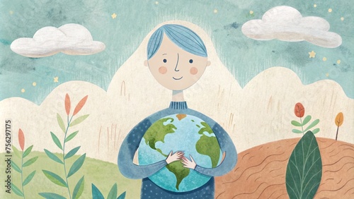 Child with Multilayer Paper Planet  Green Spring Background  Earth Day  pencils art ai illustration