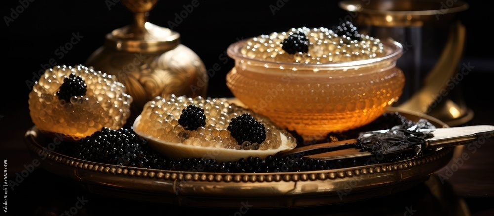 A decorative tray featuring a luxurious bowl of caviar and berries, creating a stunning visual display on the table. The fusion of liquid and ingredients is akin to a culinary art piece