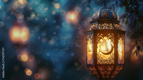 Golden ornamental arabic lantern illuminated by crescent moon - celebrate ramadan kareem with traditional symbolism © Ashi