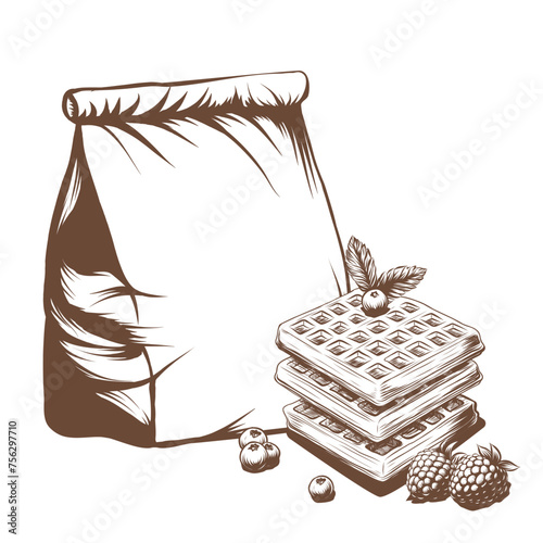 Belgian waffles with berries and takeaway paper bag black and white graphic, monochrome illustration isolated on. Delicious bag with waffers for take out, cafe, bakeries and pastry breakfast designs