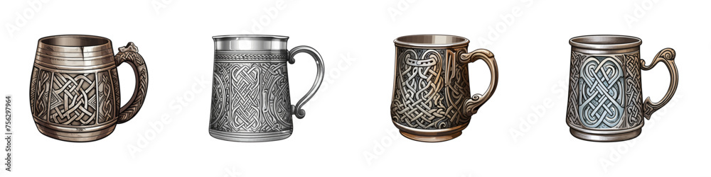 Four varied beer mugs presented in a cartoon vector style - obrazy, fototapety, plakaty 