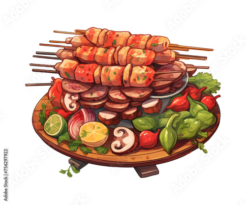 A plate of food featuring skewers of grilled meat and assorted vegetables