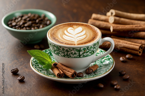 Coffee Break Bliss: Cappuccino Set on Rustic Wooden Table. © Praveen740