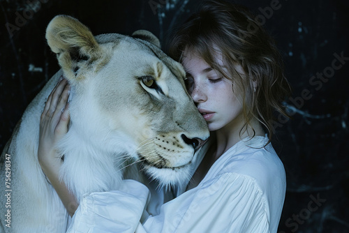 Tender Moment Woman Embracing White Lion with Love and Lioness in the Background