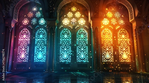 Ramadan kareem background  vibrant mosque window illuminated by soft light  symbolizing peace and reflection during the holy month in islamic culture