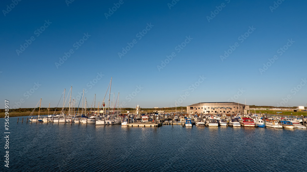 Boats in Esbjerg Strand marina, Esbjerg city, Jutland, Denmark, on North Sea coast