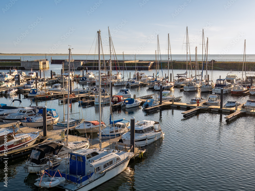 Fototapeta premium Boats in Esbjerg Strand marina, Esbjerg city, Jutland, Denmark, on North Sea coast