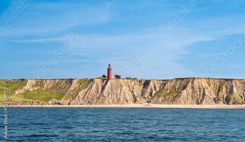 Bovbjerg lighthouse and cliffs from North Sea, Ferring, Lemvig, Mid Jutland, Denmark