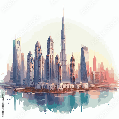 watercolor of Dubai skylines isolated on white background