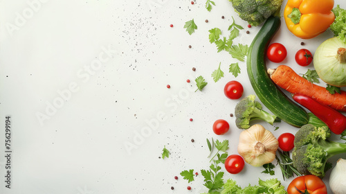 fresh vegetables and fruits on white background with copy space 