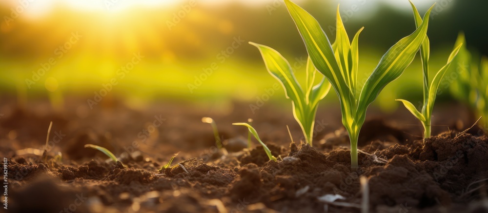 A closeup shot of a terrestrial plant emerging from the soil in a natural landscape. The grass and flowers add to the beauty of the flowering plant - obrazy, fototapety, plakaty 