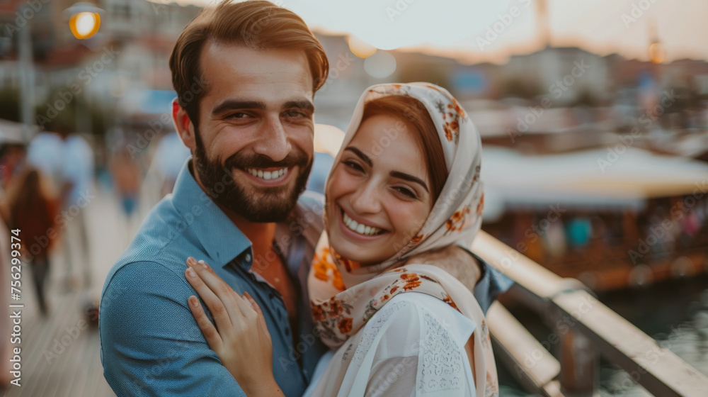 Portrait of a young and happy Turkish couple with handsome man and beautiful woman posing to celebrate their engagement in modern days Portrait of a young and happy Turkish couple with handsome man and beautiful woman posing to celebrate their engagement in modern days