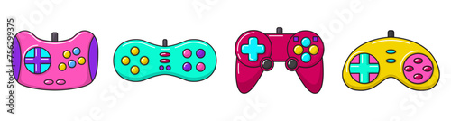 Vector game controller gamepad icons set. Multicolored joysticks elements flat style isolated on white background. Retro gamer device collection. 
