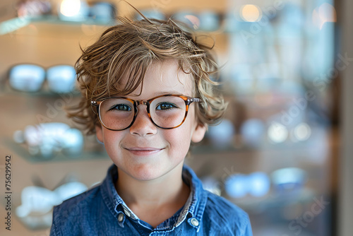Portrait of a young boy wearing glasses in a optician shop , happy toddler seeing properly for the first time with his corrective eyeglasses photo