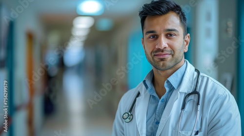 Portrait of a doctor of Indian ethnicity with hospital corridor in background photo