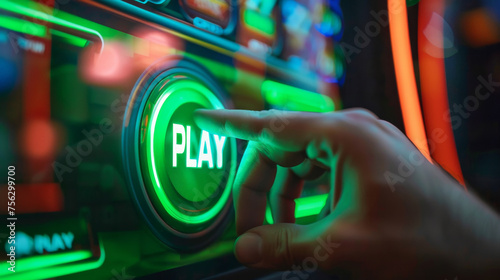 Man hand about to press a play button in a gaming room photo