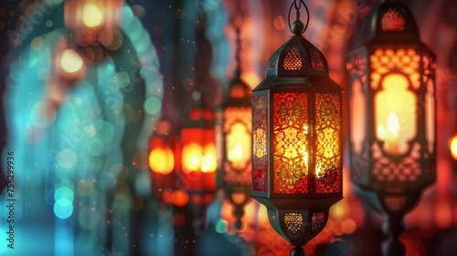 Vibrant ramadan lantern decor background - 3d rendered illustration