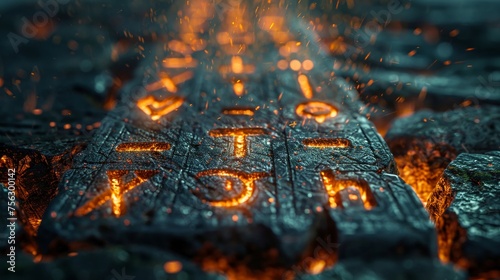 Close-up of magical runes glowing on an ancient stone tablet photo