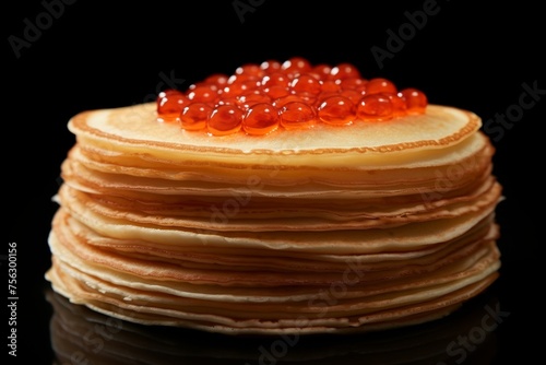 Traditional russian blini with luxurious red caviar in a pile on a jet black background