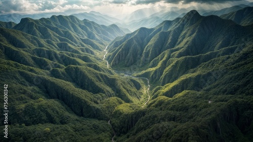 Aerial view of mountains and river. Beautiful landscape with green hills.