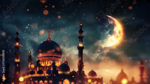  Islamic magical ramadan atmosphere: glowing mosque, crescent moon, and bokeh lights on islamic eid mubarak kareem background