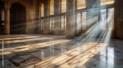 Sunlight streams in through the mosque's tall windows, creating beautiful light patterns on the marble floors. Ai Generated Images photo