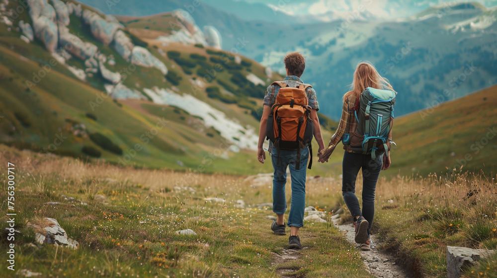 Couple hiking in the mountains. 