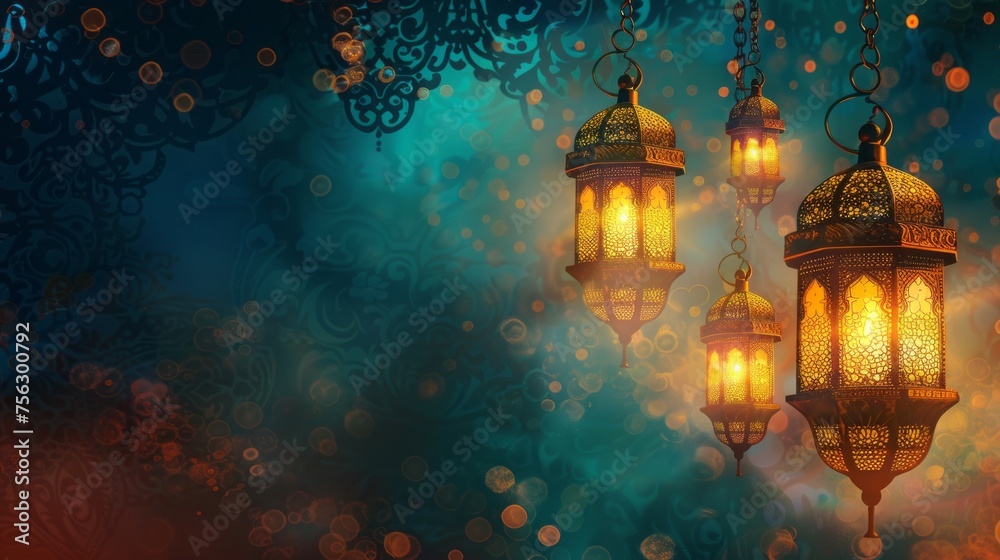 Elegant eid and ramadan lantern wallpaper banner background