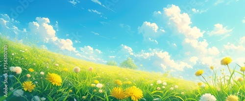 Beautiful meadow field with fresh grass and yellow dandelion flowers in nature against a blurry blue sky with clouds. Summer spring perfect natural landscape.