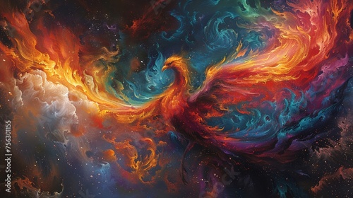 Phoenix rebirth among flames ashes swirling as it rises