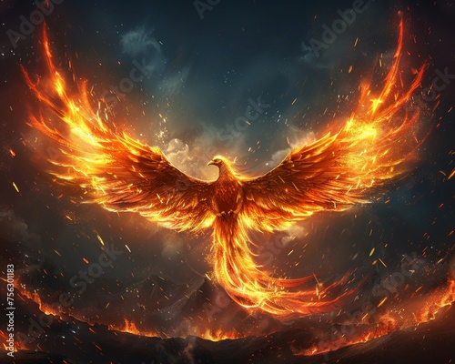 Phoenix rising from ashes fiery wings spreading against a dark sky