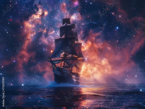 Pirate ship sailing through a starlit sky