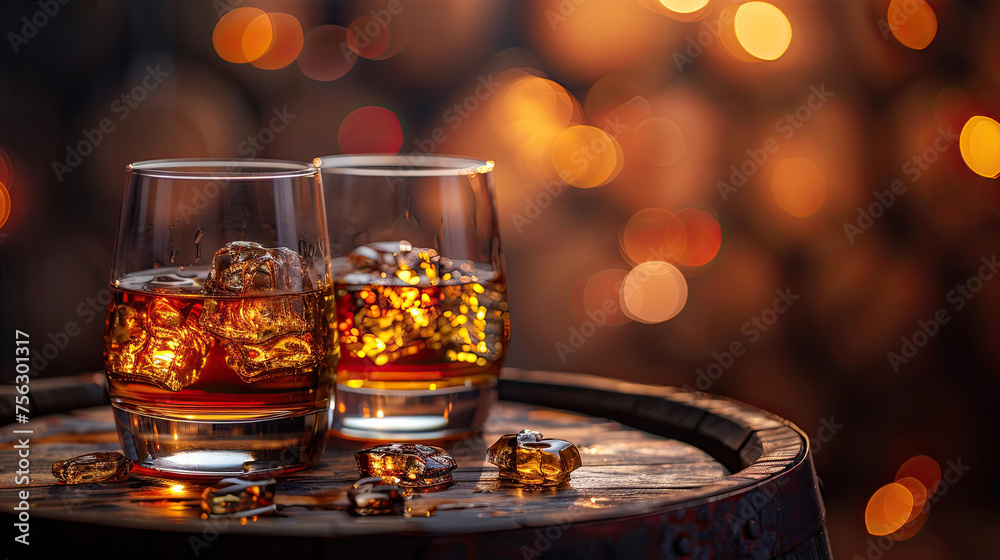 two glasses of whiskey on liquor barrell two glasses of whiskey on liquor barrell