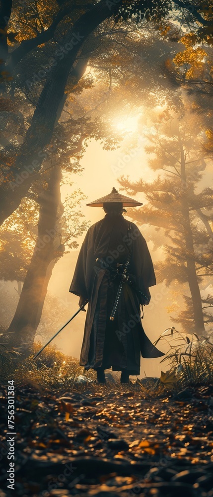 Samurai standing solemnly in an enchanted forest