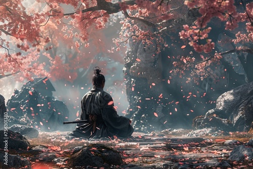 Samurai in a serene garden meditating before a duel