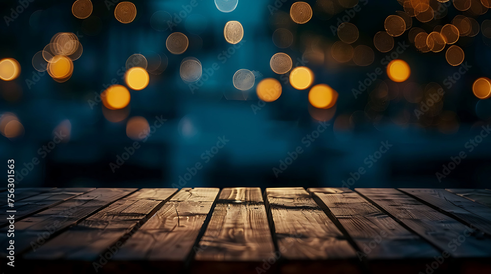 Wooden table, blurred bokeh background background. Neon light, night view, close-up. The general background of the interior, a dark background. Generative AI illustration Wooden table, blurred bokeh background background. Neon light, night view, close-up. The general background of the interior, a dark background. Generative AI illustration