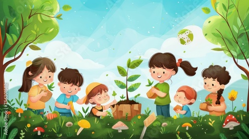 Illustration of kids participating in Earth Day celebrations with eco-friendly crafts and games,