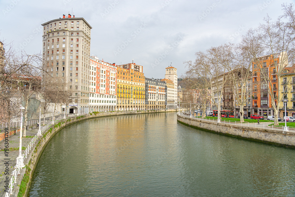 Naklejka premium Nervión river overlooking the urban area of Bilbao-Basque country-Spain.15-3-2024