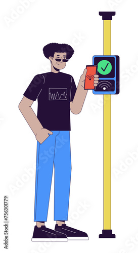 Hispanic young man paying fare with nfc phone 2D linear cartoon character. Bus commuter latino male isolated line vector person white background. Contactless payment color flat spot illustration
