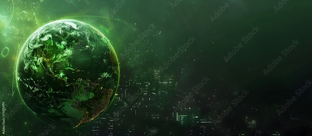 Green planet Earth with green energy and city on a dark background, a futuristic concept of global technology