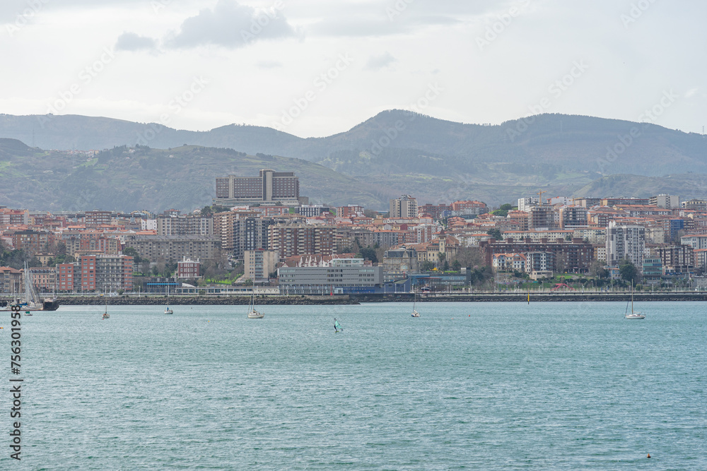 panoramic view across the sea to the city of Santurce-Basque country-Spain